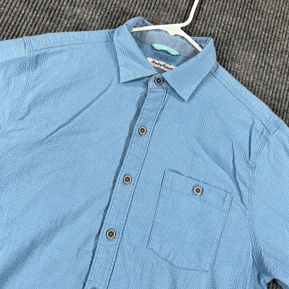 Tommy Bahama Shirt Mens Medium Blue Short Sleeve Button Up Seersucker Hawaiian